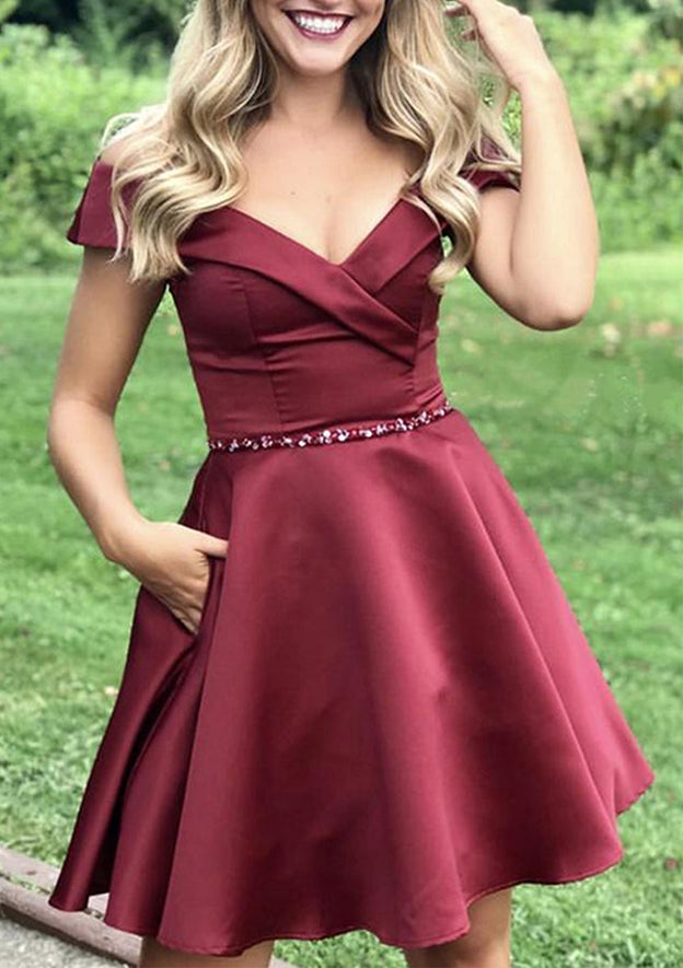 A-Line Off-the-Shoulder Satin Homecoming Dress With Beading Pockets