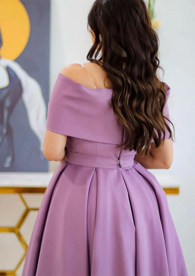 A-line Off-the-Shoulder Satin Homecoming Dress with Pleated Waistband
