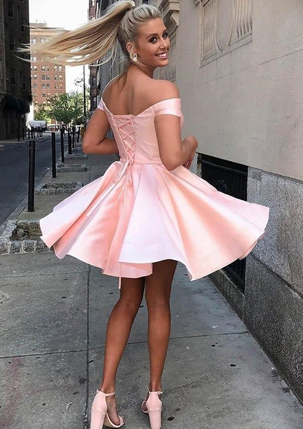 short satin v neck off the shoulder homecoming dresses Yellow Satin V-neck Off Shoulder Prom Dresses Short Homecoming Dresses