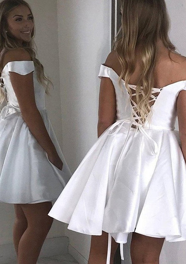 A-line Off-the-Shoulder Satin Short/Mini Homecoming Dress With Sashes