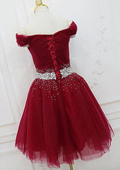 A-Line Off-the-Shoulder Sleeveless Tulle Homecoming Dress with Pleated Beading