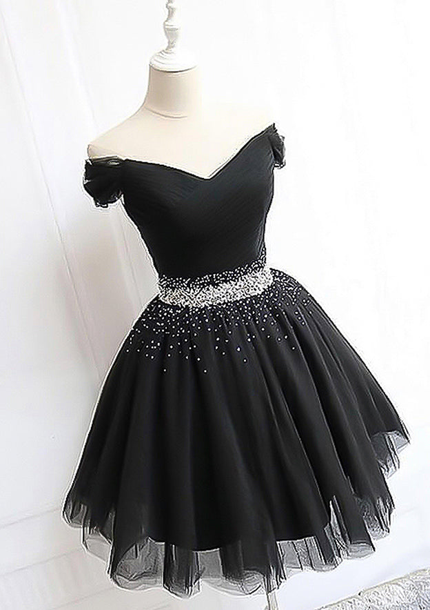 A-Line Off-the-Shoulder Sleeveless Tulle Homecoming Dress with Pleated Beading