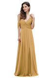 Elegant A-line Off-the-Shoulder V-neck Ruched Long Bridesmaid Dress