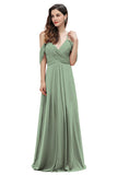 Elegant A-line Off-the-Shoulder V-neck Ruched Long Bridesmaid Dress