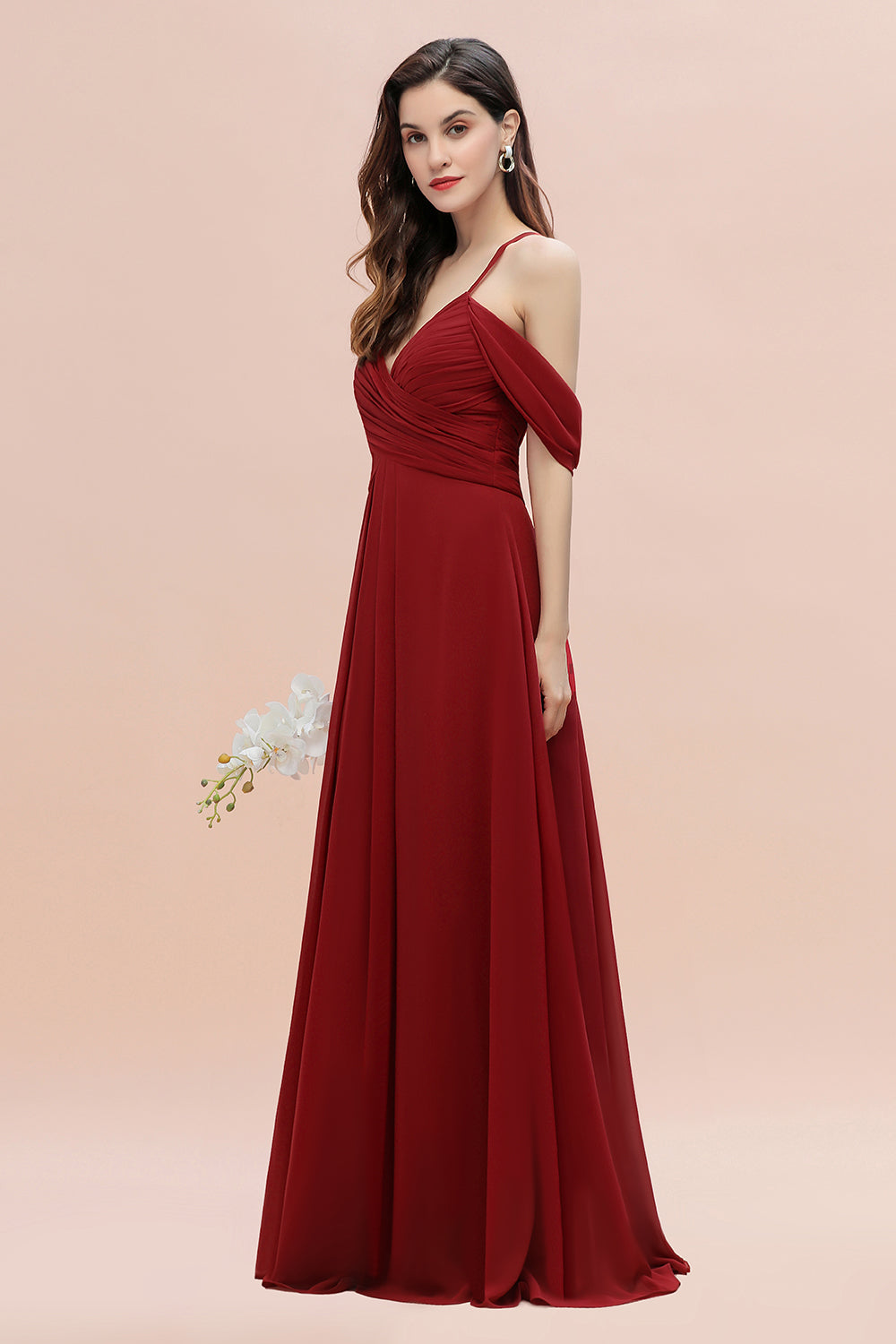 Elegant A-line Off-the-Shoulder V-neck Ruched Long Bridesmaid Dresses Newinlook Elegant A-line Off-the-Shoulder V-neck Ruched Long Bridesmaid Dresses Newinlook