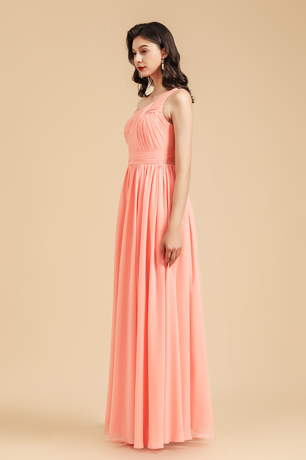 Elegant A-line One Shoulder Coral Chiffon Long Bridesmaid Dress