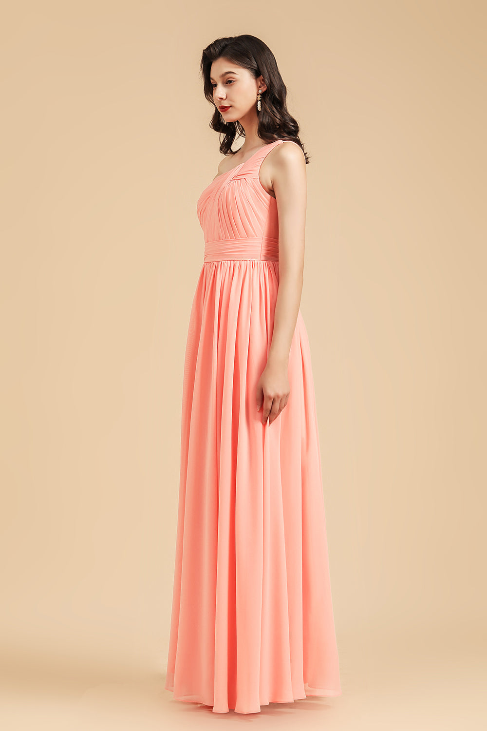 Elegant A-line One Shoulder Coral Chiffon Long Bridesmaid Dresses Newinlook Elegant A-line One Shoulder Coral Chiffon Long Bridesmaid Dresses Newinlook