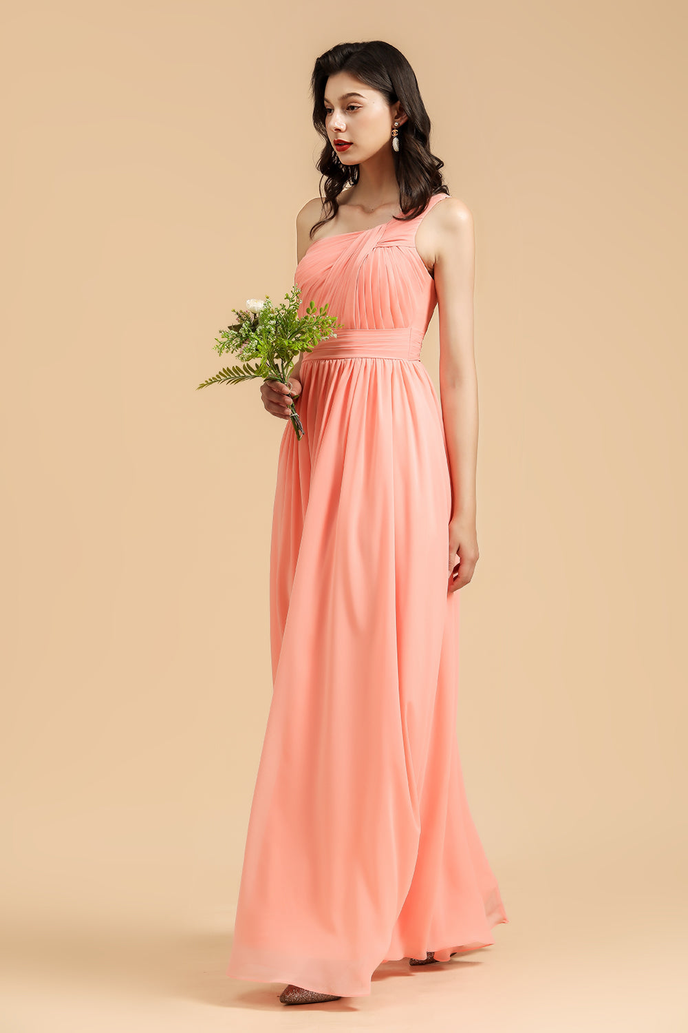 Elegant A-line One Shoulder Coral Chiffon Long Bridesmaid Dress