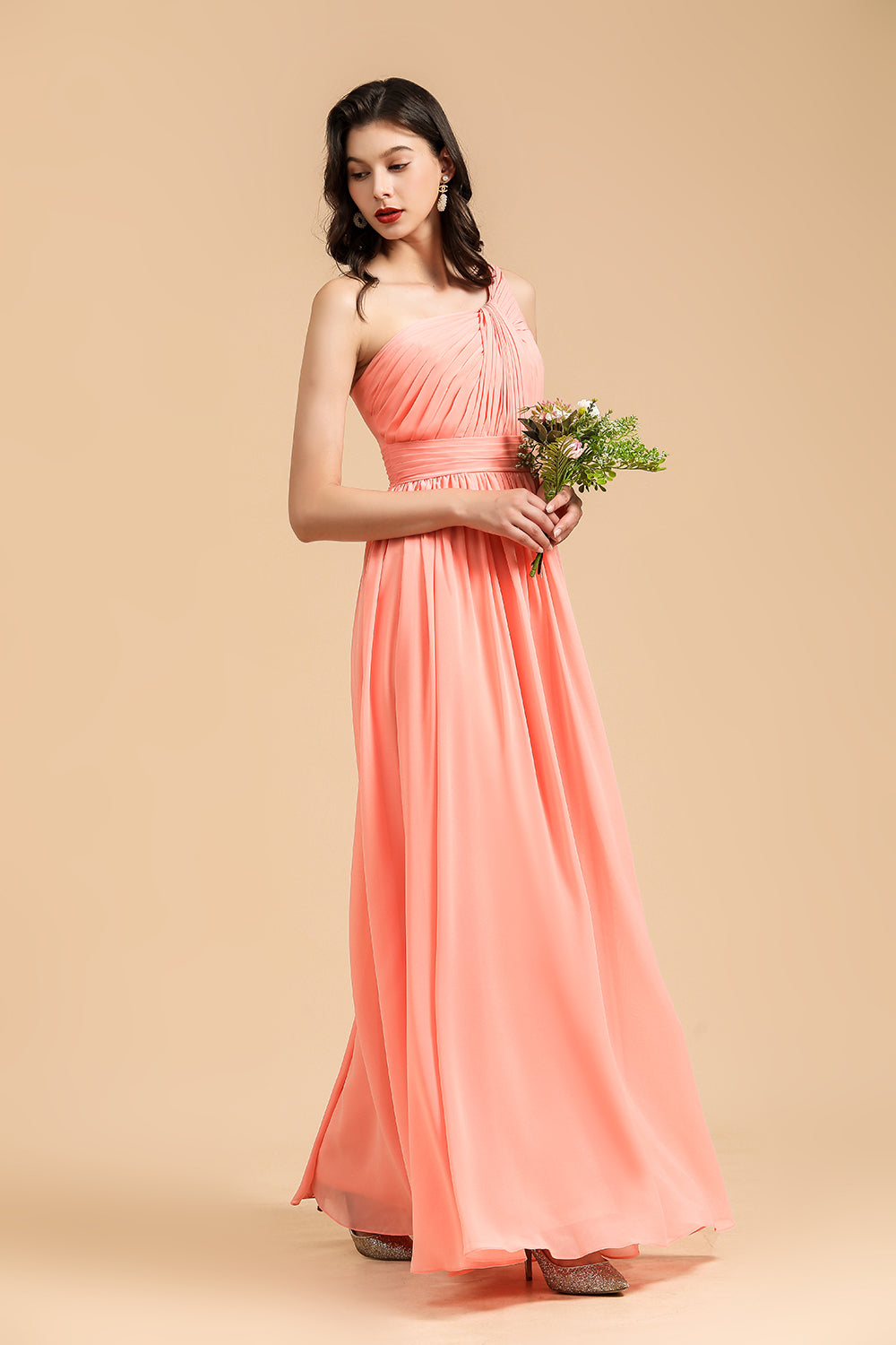 Elegant A-line One Shoulder Coral Chiffon Long Bridesmaid Dresses Newinlook Elegant A-line One Shoulder Coral Chiffon Long Bridesmaid Dresses Newinlook