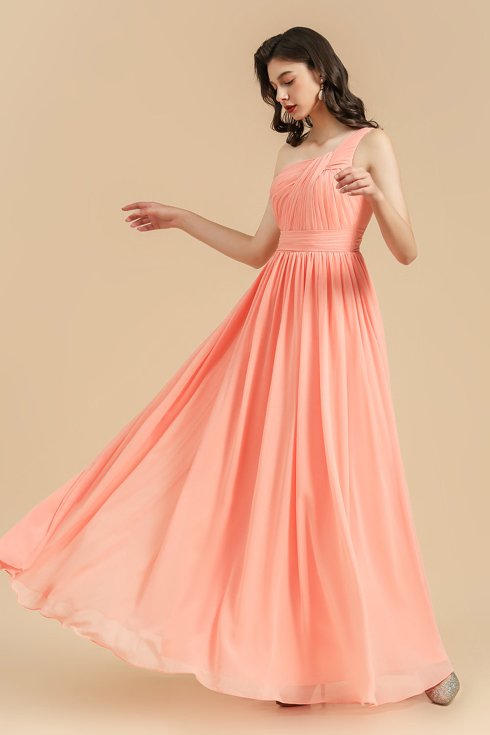 Elegant A-line One Shoulder Coral Chiffon Long Bridesmaid Dresses Newinlook Elegant A-line One Shoulder Coral Chiffon Long Bridesmaid Dresses Newinlook