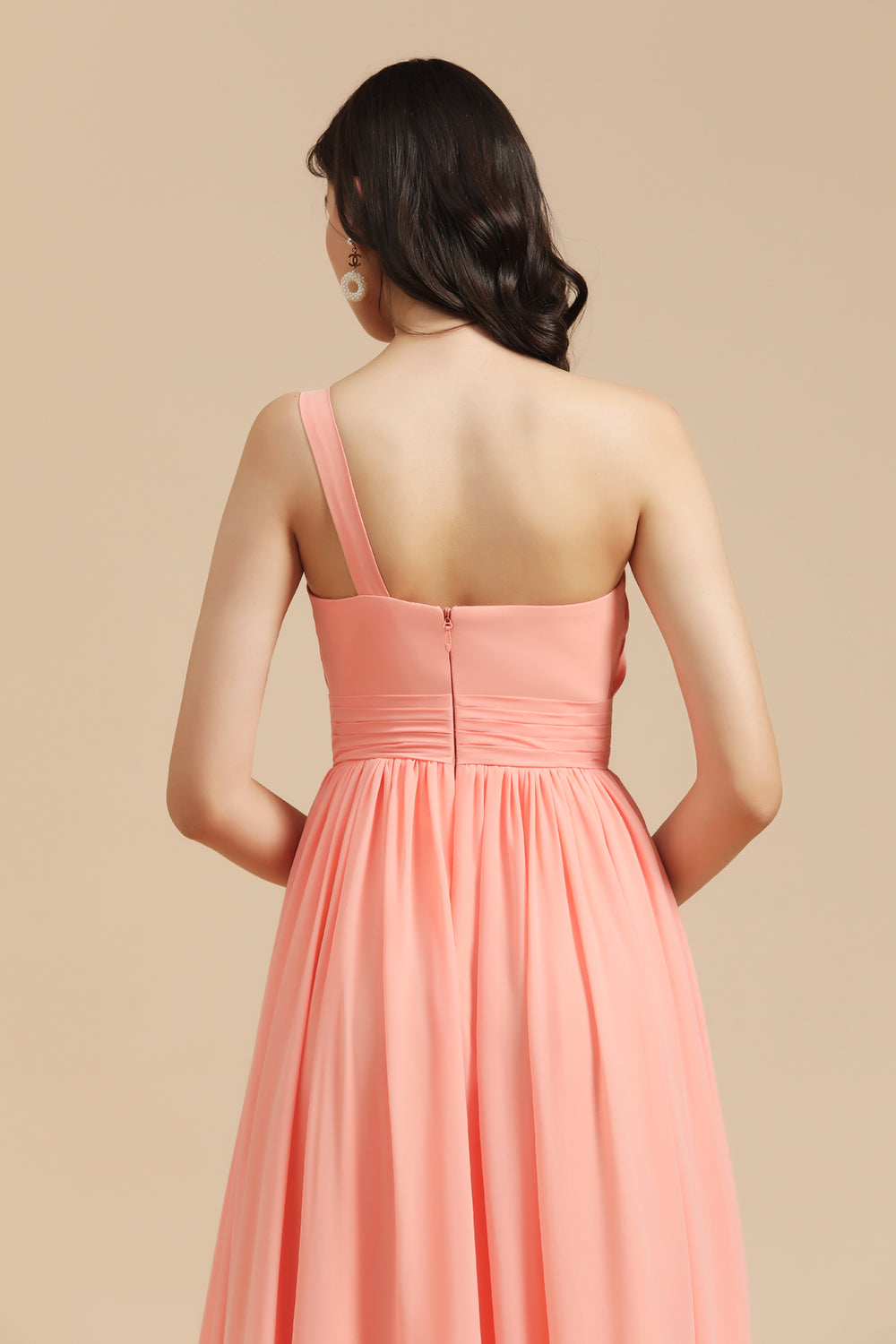 Elegant A-line One Shoulder Coral Chiffon Long Bridesmaid Dresses Newinlook Elegant A-line One Shoulder Coral Chiffon Long Bridesmaid Dresses Newinlook