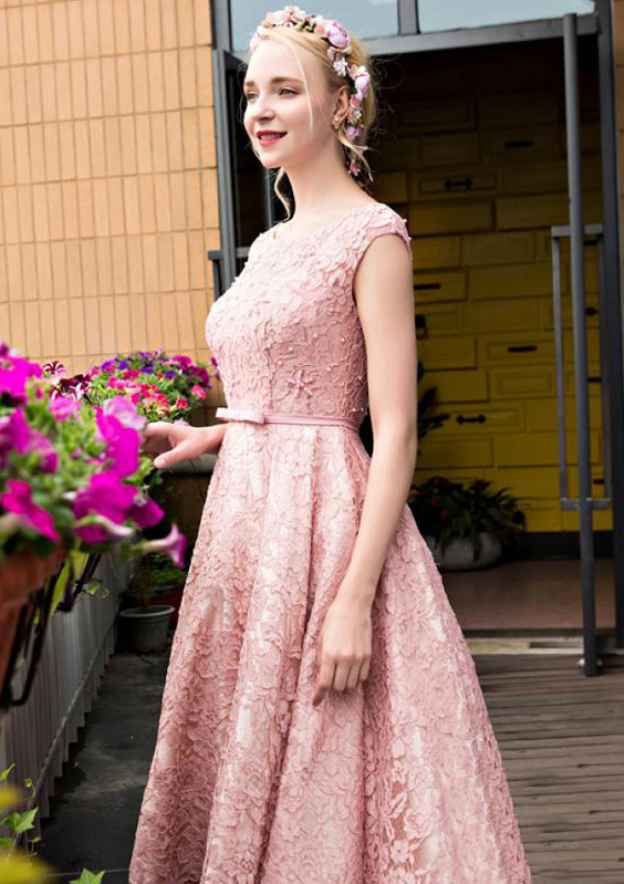 A-Line Princess Prom Dress with Appliqued Bowknot and Lace-up Back