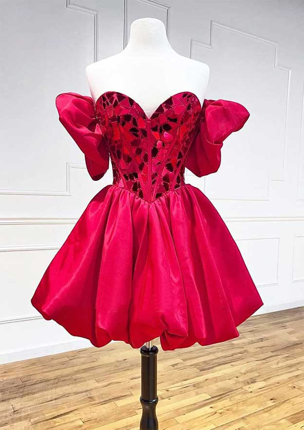 A-line Princess Sweetheart Short Sleeve Satin Homecoming Dress with Sequins Bubble