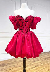 A-line Princess Sweetheart Short Sleeve Satin Homecoming Dress with Sequins Bubble