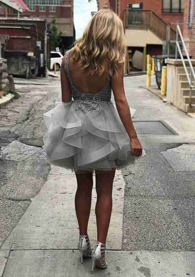 A-Line Princess V-Neck Sleeveless Short Mini Organza Cocktail Dress With Appliqued