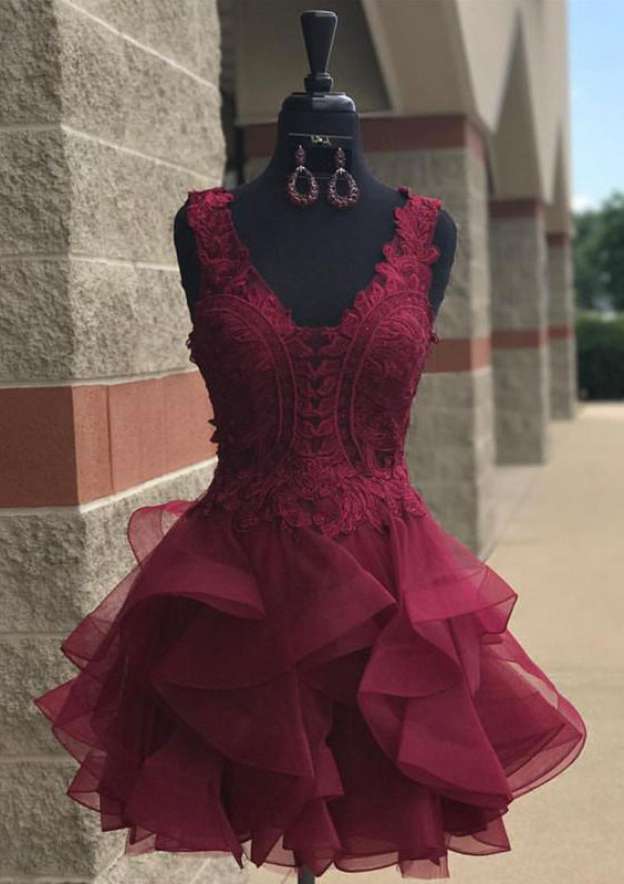 A-Line Princess V-Neck Sleeveless Short Mini Organza Cocktail Dress With Appliqued