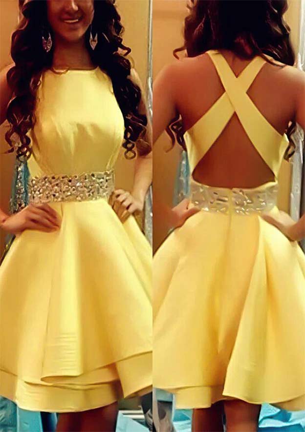 A-line Satin Homecoming Dress with Beading Ruffles and Scoop Neck Sleeveless