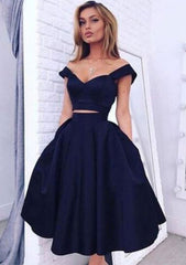 A-line Satin Homecoming Dress with Pockets - Off-the-Shoulder & Sleeveless Design