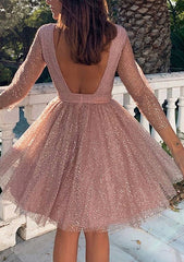 A-Line Scoop Neck Long Sleeve Metallic Yarn Short Homecoming Dress with Glitter