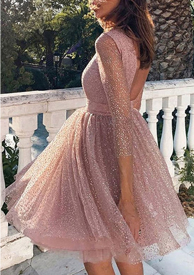 A-Line Scoop Neck Long Sleeve Metallic Yarn Short Homecoming Dress with Glitter