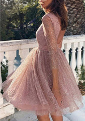 A-Line Scoop Neck Long Sleeve Metallic Yarn Short Homecoming Dress with Glitter