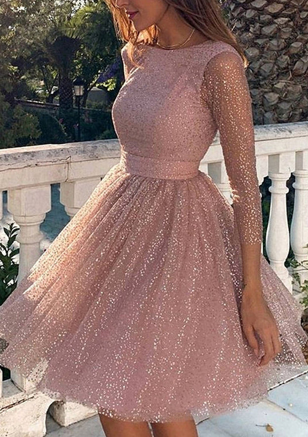 A-Line Scoop Neck Long Sleeve Metallic Yarn Short Homecoming Dress with Glitter