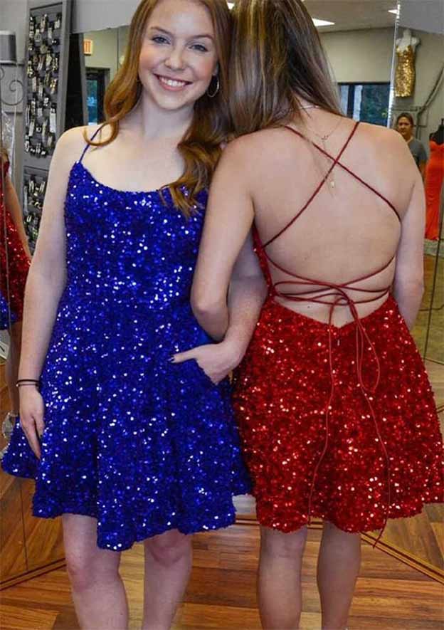 A-line Scoop Neck Sleeveless Short/Mini Velvet Sequins Homecoming Dress