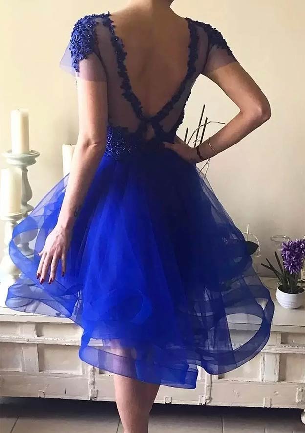 A-Line Short Sleeve Homecoming Dress with Illusion Neck and Beaded Appliques