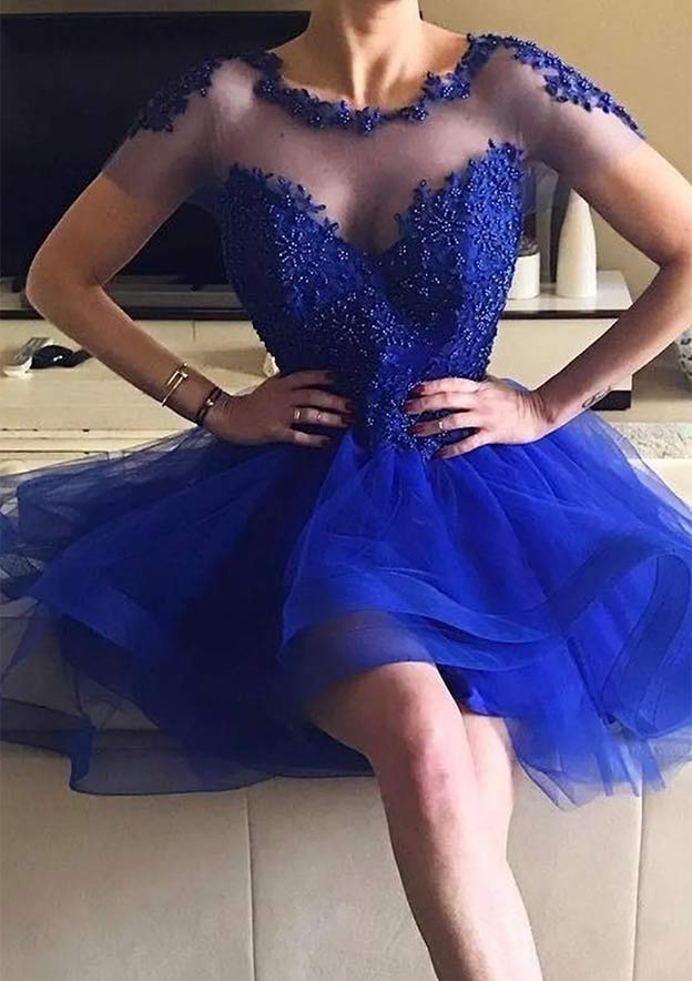 A-Line Short Sleeve Homecoming Dress with Illusion Neck and Beaded Appliques