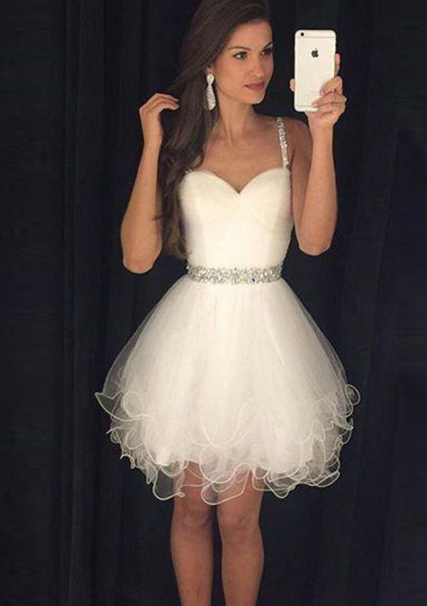 A-line Sweetheart Sleeveless Short/Mini Tulle Homecoming Dress with Beading Waistband