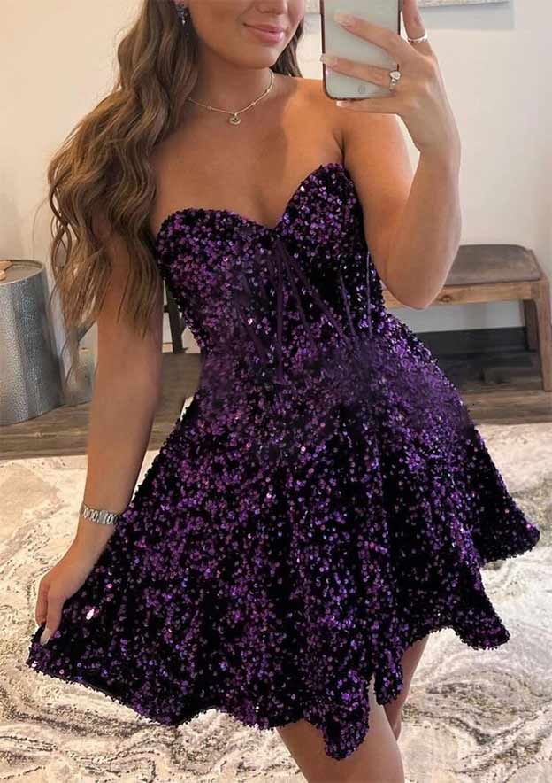 A-line Sweetheart Sleeveless Velvet Sequins Homecoming Dress with Pockets