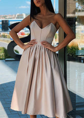 A-line Sweetheart Tea-Length Satin Homecoming Dress With Ruffles