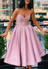 A-line Sweetheart Tea-Length Satin Homecoming Dress With Ruffles