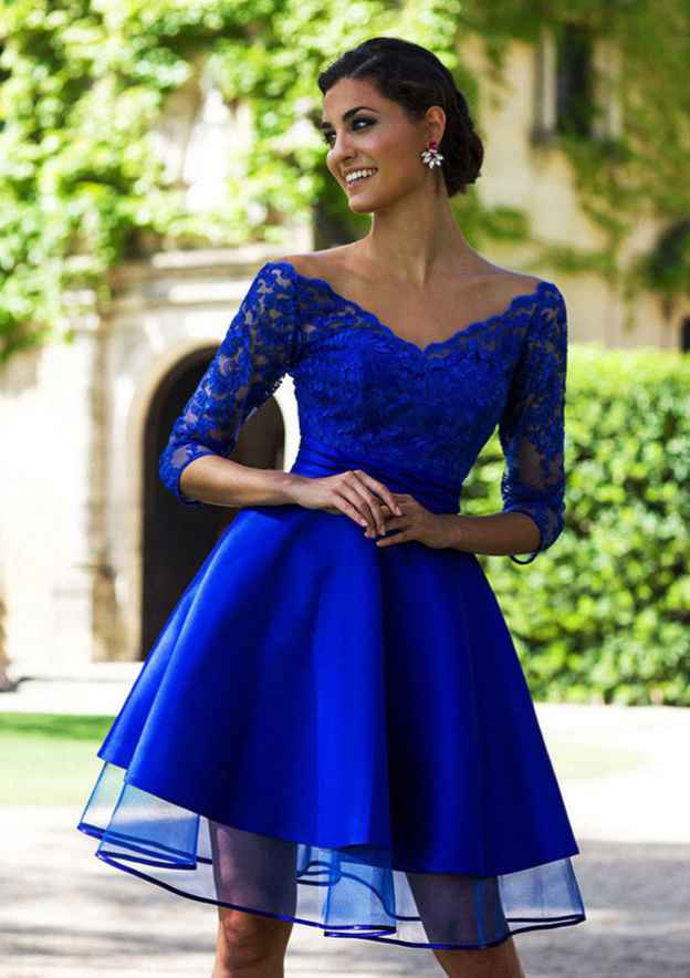 A-Line V-Neck 3/4 Sleeve Satin Homecoming Dress With Lace