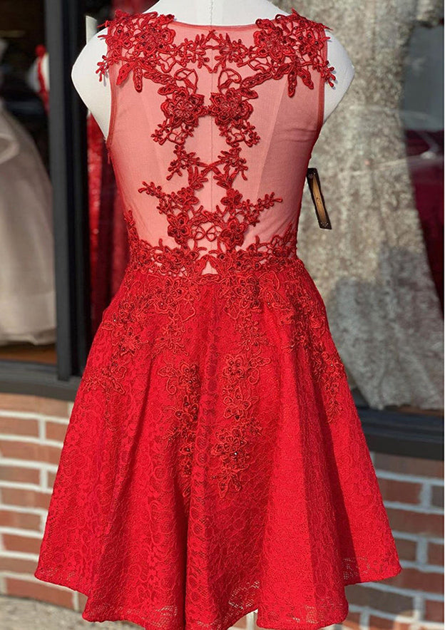 A-Line V Neck Beaded Lace Short Dress for Homecoming