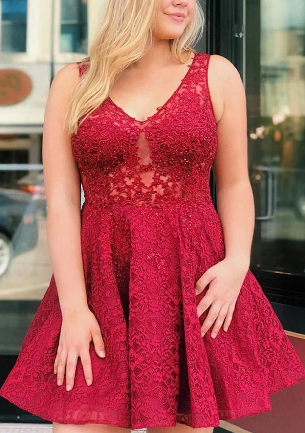 A-Line V Neck Beaded Lace Short Dress for Homecoming
