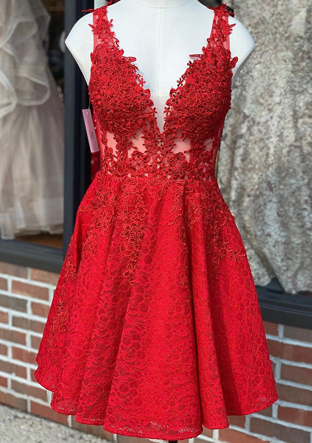 A-Line V Neck Beaded Lace Short Dress for Homecoming
