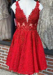 A-Line V Neck Beaded Lace Short Dress for Homecoming