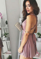 A-line V Neck Charmeuse Homecoming Dress with Pleated for Short/Mini Look