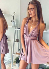 A-line V Neck Charmeuse Homecoming Dress with Pleated for Short/Mini Look