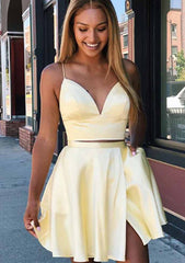 A-Line V-Neck Charmeuse Sleeveless Homecoming Dress with Split Pockets