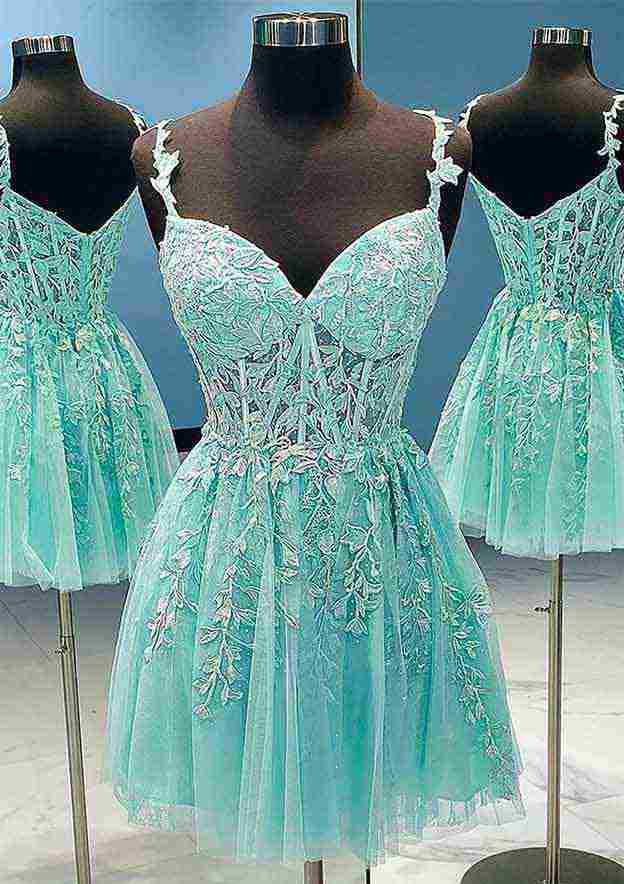 A-Line V Neck Lace Prom Dress with Beading