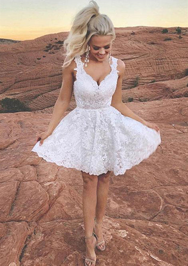 A-line V Neck Lace Short Homecoming Dress