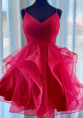 A-Line V-Neck Short Tulle Homecoming Dress with Glitter Pleats