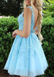 A-Line V-Neck Sleeveless Lace Tulle Homecoming Dress with Appliqued Beading