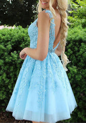 A-Line V-Neck Sleeveless Lace Tulle Homecoming Dress with Appliqued Beading