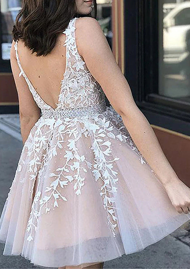 A-Line V-Neck Sleeveless Lace Tulle Homecoming Dress with Appliqued Beading