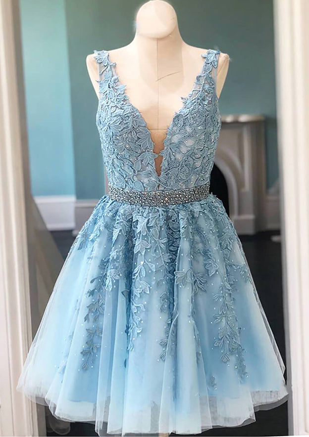 A-Line V-Neck Sleeveless Lace Tulle Homecoming Dress with Appliqued Beading