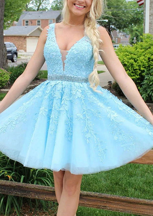 A-Line V-Neck Sleeveless Lace Tulle Homecoming Dress with Appliqued Beading