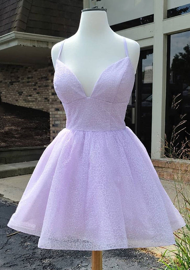 A-line V Neck Sleeveless Organza Short/Mini Homecoming Dress With Glitter